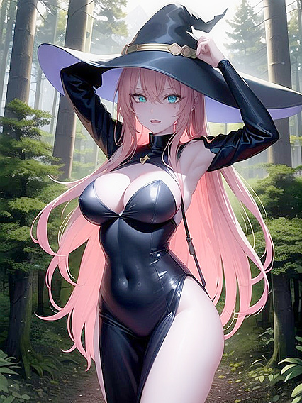 Witch in Seductive Arms-Up Pose Wearing Spellbinding Costume for Hot Hentai Action