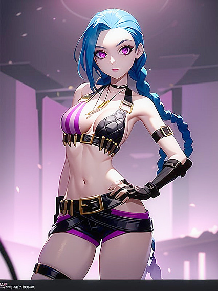 Jinx from League of Legends Seduces on Plush Velvet Seating with Vibrant Pole Lights