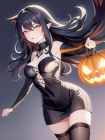 Raven-haired Beauty Bound by Orange Ribbons Amid Glowing Halloween Pumpkin Decor