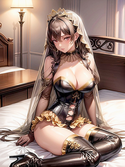 Seductive Femme in Thigh-High Boots and Gold-Trimmed Black Corset Hentai Action
