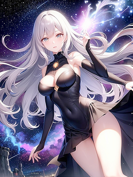 Supernova-Hued Anime Beauty with Gleaming Eyes and Shimmering Aura in Sensual Hentai Action