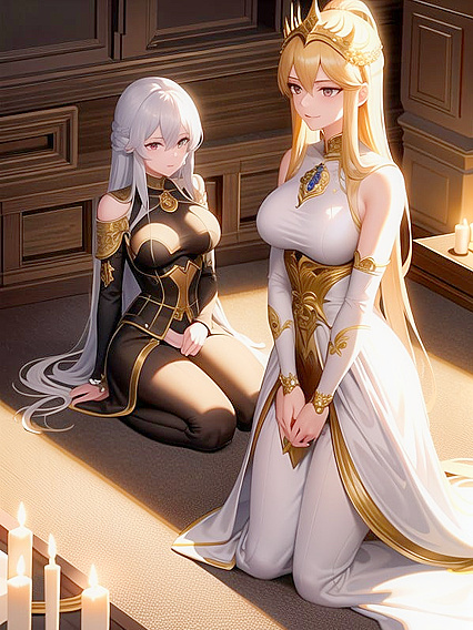 Young Woman Surrounded by Armored Knights in a Candlelit Grand Hall for Intimate Hentai Scenes