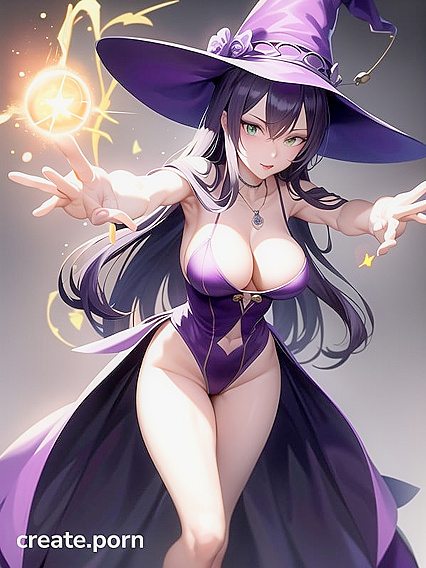 Witch in Purple Hat with Cat Beside Her Teases in Arm Sleeves Hentai Fantasy