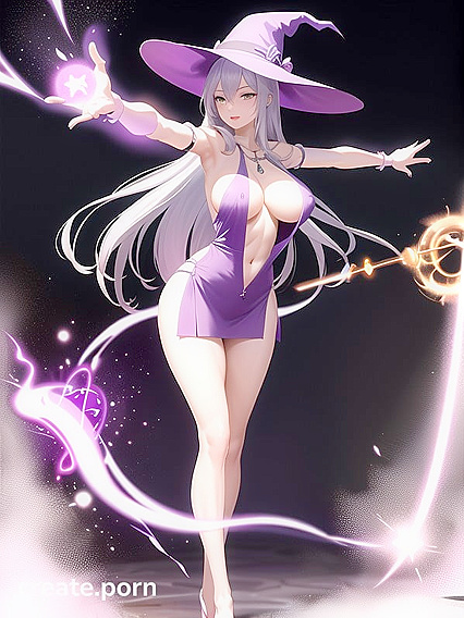 Purple-Haired Witch with Shoulders Bared in Seductive Hentai Action