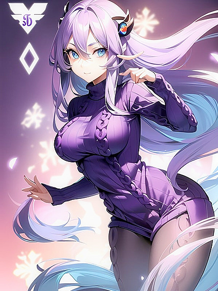 Cute Anime Girl 18+ with Bright Blue Eyes Wears Vibrant Purple Sweater for Steamy Hentai Fun