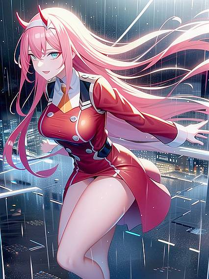 Zero Two Walks Rain-Slicked City Streets at Night in Hyper-Realistic Hentai Ecstasy