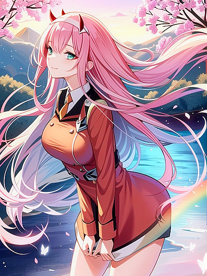 Zero Two from Darling in the FranXX Enjoying Iridescent Waters in Vibrant Hentai Scenes