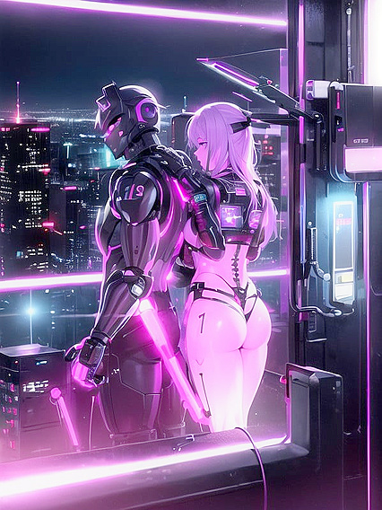 Cyberpunk Hacker with Glowing Cybernetic Implants in a Seductive Waist Shot Hentai Scene