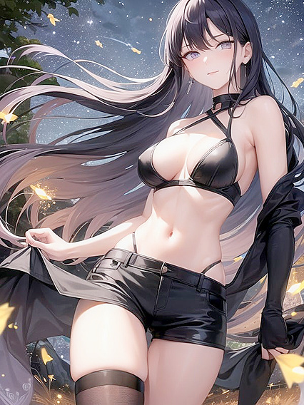 Mysterious Nighttime Seduction: Hair Down and Eyes Smoldering in Hentai Bliss