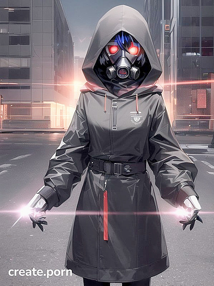 Glowing-Eyed Woman in Black Hooded Coat Tormented in Glitch Horror Hentai