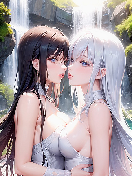 Mist-covered Lovers Under a Cascading Waterfall in Steamy Hentai Scenes