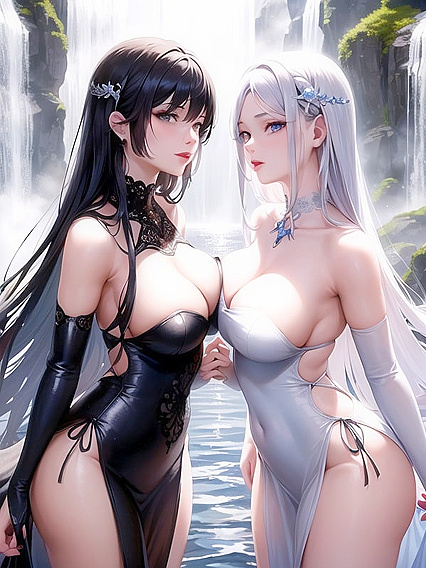 Ethereal Dresses Under a Cascading Waterfall: Front View Hentai Delight