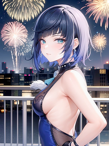 Modern Girl 18+'s Back View with Fireworks Reflecting in Her Eyes in Erotic Hentai Animation