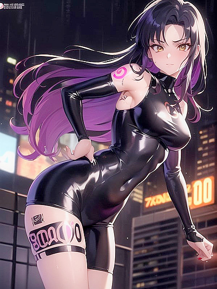 Staring at You - Seductive Cyberpunk City Femme in Tight Fits for Hot Hentai AI Image
