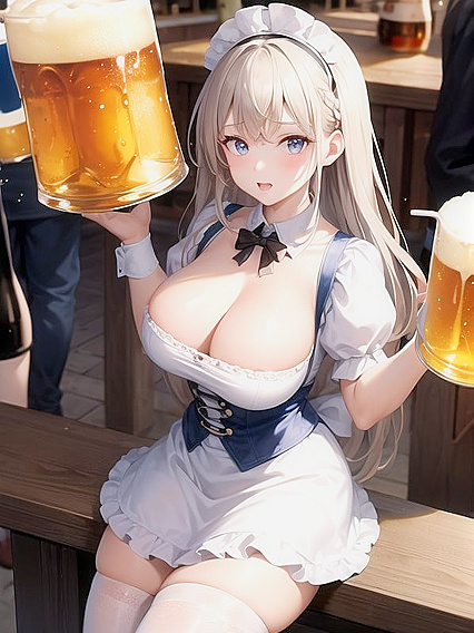 Girl 18+ at Oktoberfest in Vibrant Dress and White Socks Enjoying Beer in hentai Hentai AI Image
