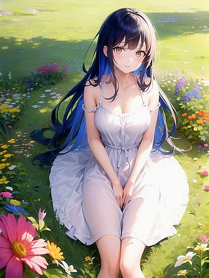 Bright-Eyed Beauty in Modest Summer Dress Dazzles in Vibrant Hentai AI Image