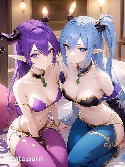 Astral Elf with Blue-Purple Hair in Harem Pants Teasing a Succubus by a Genie’s Lamp