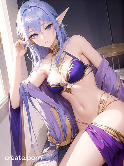 Astral Elf with Purple Blue Hair Harem Pants Paired with Tiny 18+ Off-the-Shoulder Top Genie’s Lamp