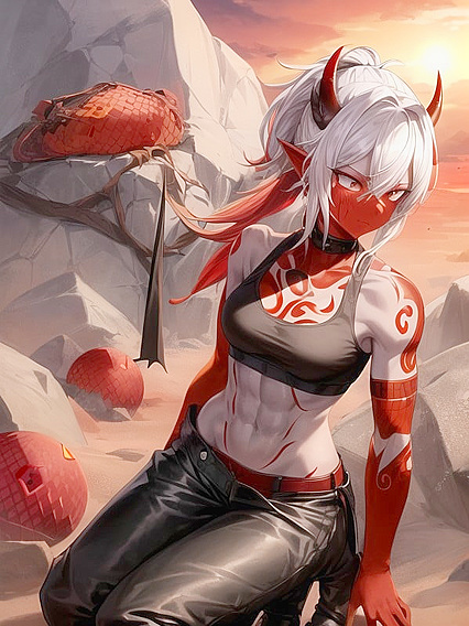 Slim yet Fit Oni Demoness in Black Sport Bra Stands Amidst Ashen Dunes at Sunset