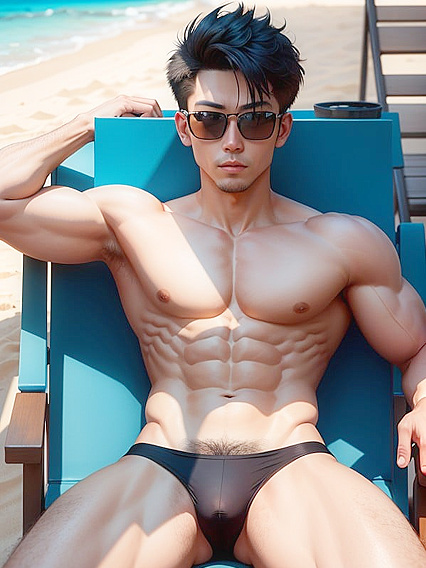 Buff Asian Man Relaxing on a Beach Chair Amidst Pristine Sands and Turquoise Waters
