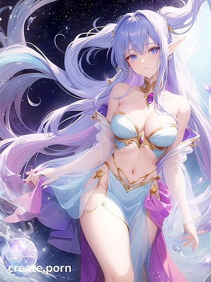Astral Elf with Purple Twins-Tails Wears Galaxy-Themed Outfit for Seductive Genie Lamp Hentai AI Image
