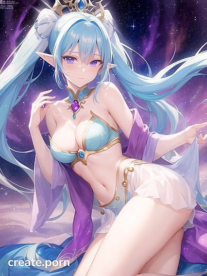 Astral Elf with Purple Twins-Tails Wears Galaxy Theme Outfit for Genie Lamp Hentai AI Image