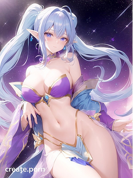 Astral Elf with Purple Twintails Wears Translucent Galaxy Bandeau and Genie Lamp in Hentai AI Image