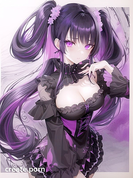 Goth Girl 18+ with Twin-Tails and Glowling Purple Eyes in Black Lace Outfit Against Galaxy Background
