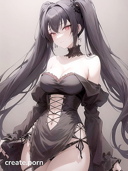 Goth Girl 18+ with Twin-Tails Wears Sheer Black Lace Outfit in Desert Hentai AI Image
