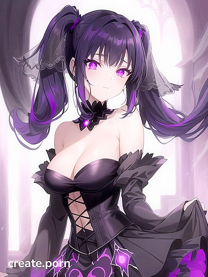 Goth Girl 18+ with Twin-Tails and Glowing Purple Eyes in Transparent Lace Outfit