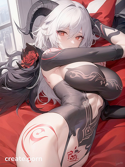 Black Sheep Horns and Medium Black Wings at the Waist in Steamy Hentai AI Image