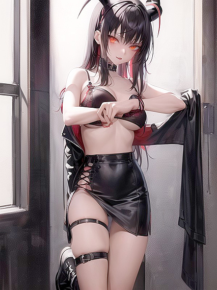 Cute GothGirl 18+ with Neon Red and Black Pigtails Teases in Tattered Clothes and Thigh-High Boots