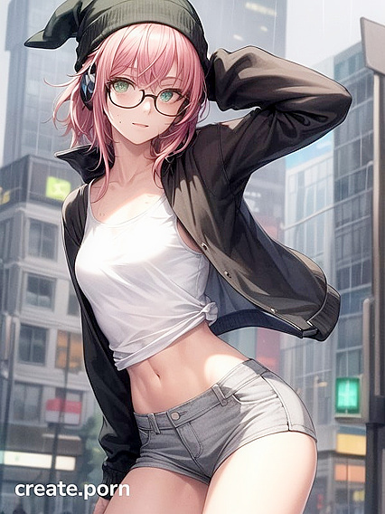 Big-Cocked Guy in Green Clothes Pleases Busty Babe with Round Glasses in High-Res Hentai AI Image