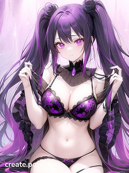 Goth Girl 18+ with Crystal Horns and Twintails Seduces in Black Lace Lingerie Against Galactic Backdrop