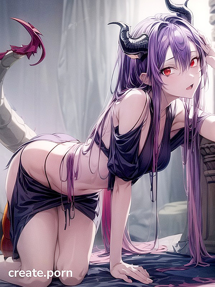 Gray-Skinned Dragon-Tailed Beauty with Purple Twintails Splashes into Flames for You