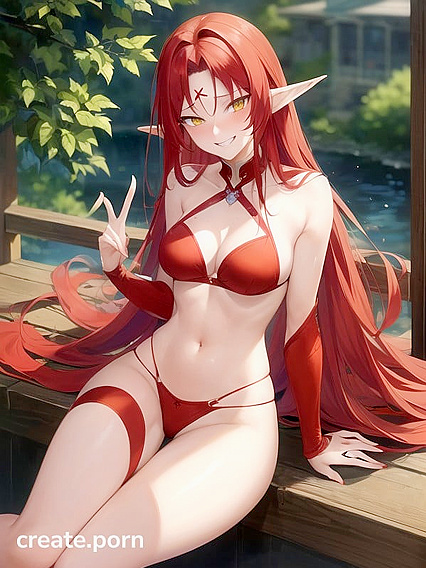 Lamia with Yellow Eyes and Red Elf Ears in Seductive Hentai AI Image