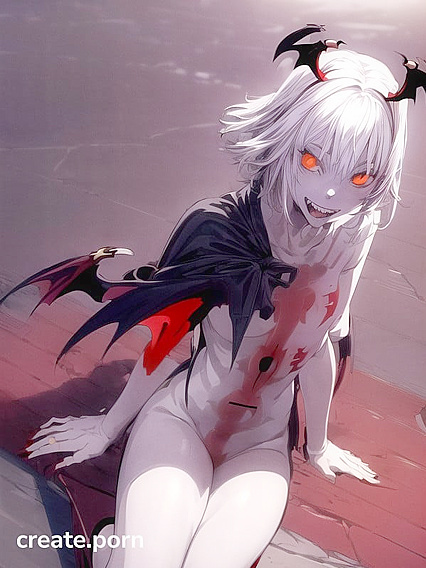 Red-Uttered Tattooed Babe with Mixed White and Black Short Hair Stares Seductively at You