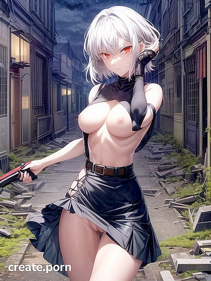 Girl 18+ Navigates Dark Colors Amid CityRuins in Seductive Hentai AI Image
