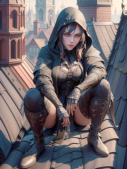 Victorian-Era Beauty in Loose Clothing Crouches Seductively on Rooftop Hentai