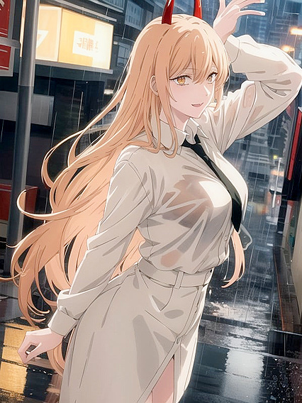 City Street Power Play - Puddles Reflecting Lights in Steaming Hentai AI Image