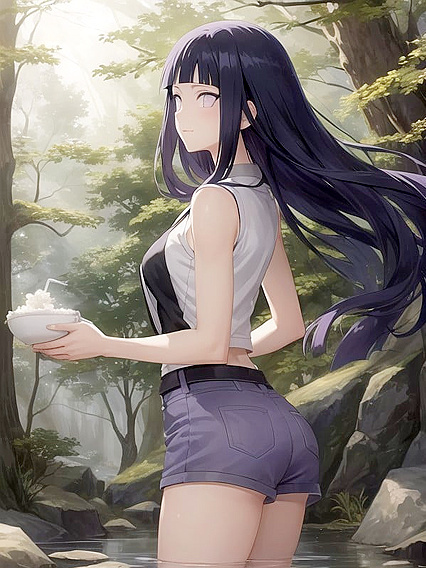 Hinata's Deep Indigo Hair and Pale Lavender Eyes Shine in Seductive Semi-Nude Hentai AI Image
