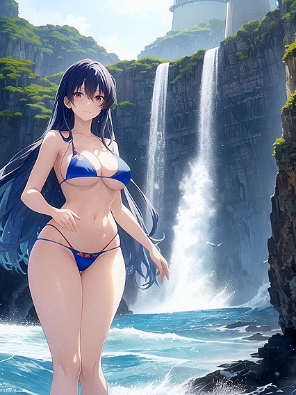 Ultra-Realistic Girl 18+ in Vibrant Bikini Admires Towering Lighthouse Amid crashing waves Hentai Porn