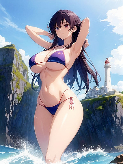 Ultra-Realistic Girl 18+ in Vibrant Bikini Admires Towering Lighthouse Amid crashing Waves Hentai