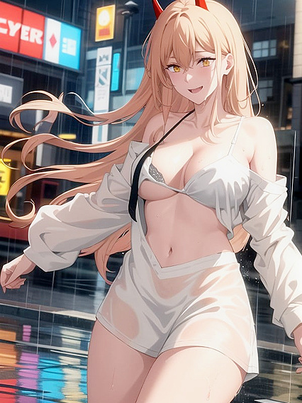 Wet Casual Outfit Sticks to Her Body While She Twirls and Splashes in Full-Length Hentai AI Image