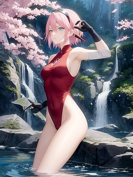 Sakura Pleasured by Mist Amidst Watchful Ancient Stone Statues in Horny Hentai AI Image