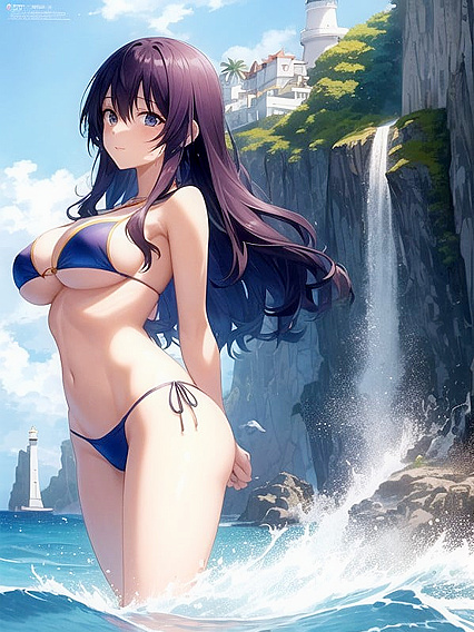 Ultra-Realistic Girl 18+ in Vibrant Bikini Pierces the Twilight Sky with Beam Amidst crashing waves