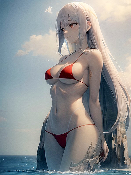 Ancient Figure by the Ocean worshipped by Birds, Gazing at Monumental Cliffside Statue Hentai AI Image