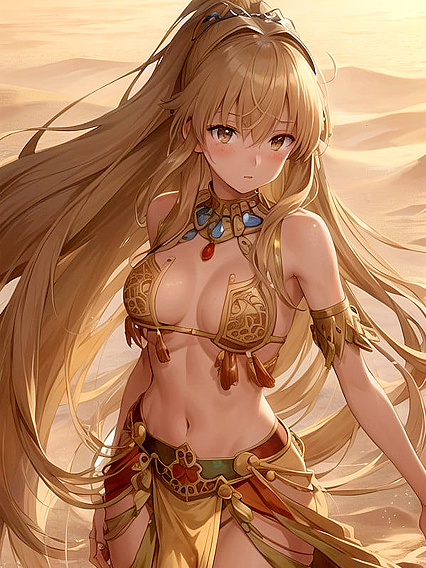 Hazel-Eyed Beauty Draped in Tribal Fabrics Seduces Amidst the Golden Desert Sands Hentai Hentai AI Image