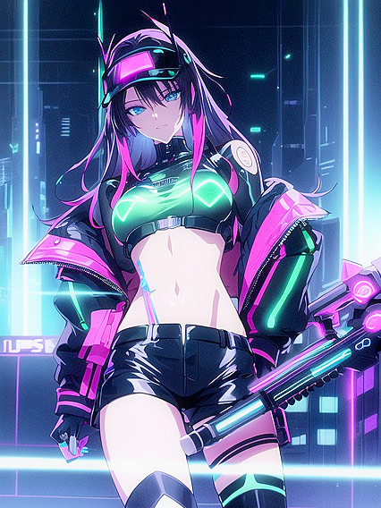 Neon-Lit Cyberpunk Girl 18+ Wielding Futuristic Weapon in Sexy Hentai AI Image