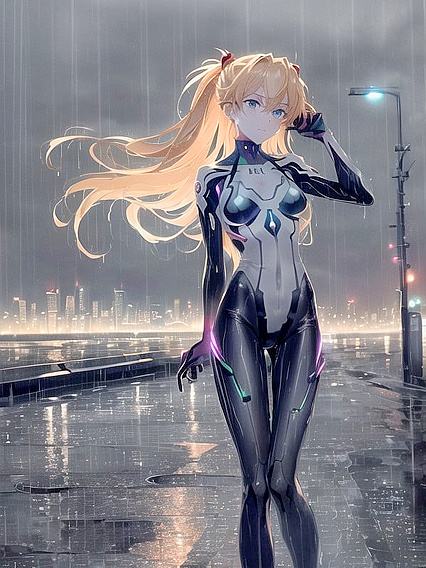 Rain-Slicked City Nights with Bioluminescent Pavement in High-Res Hentai AI Image